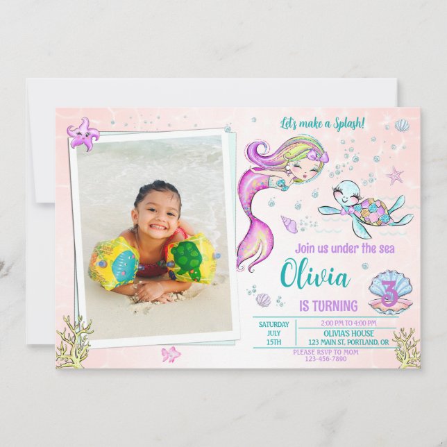 Mermaid and turtle birthday invitation with photo (Front)