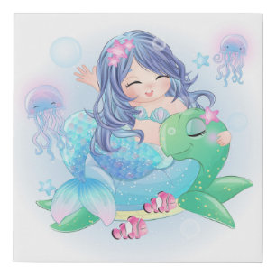 Mermaid and Turtle Faux Canvas Print