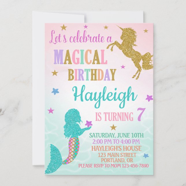 Mermaid and Unicorn birthday invitation (Front)