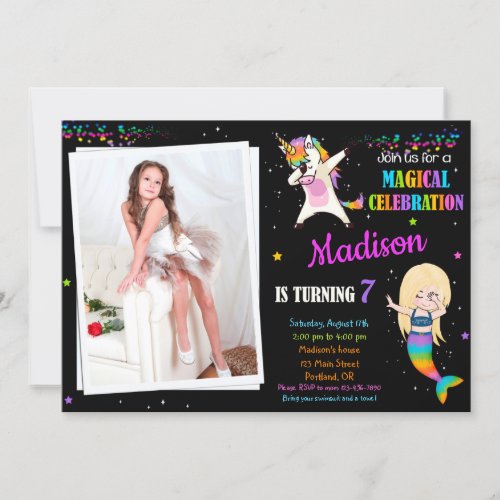 Mermaid and Unicorn birthday invitation Dabbing