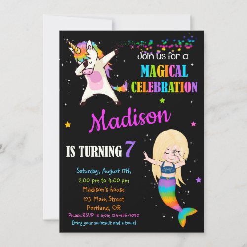 Mermaid and Unicorn birthday invitation Dabbing