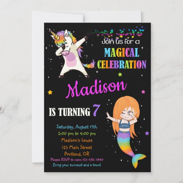 Mermaid and Unicorn birthday invitation Dabbing (Front)