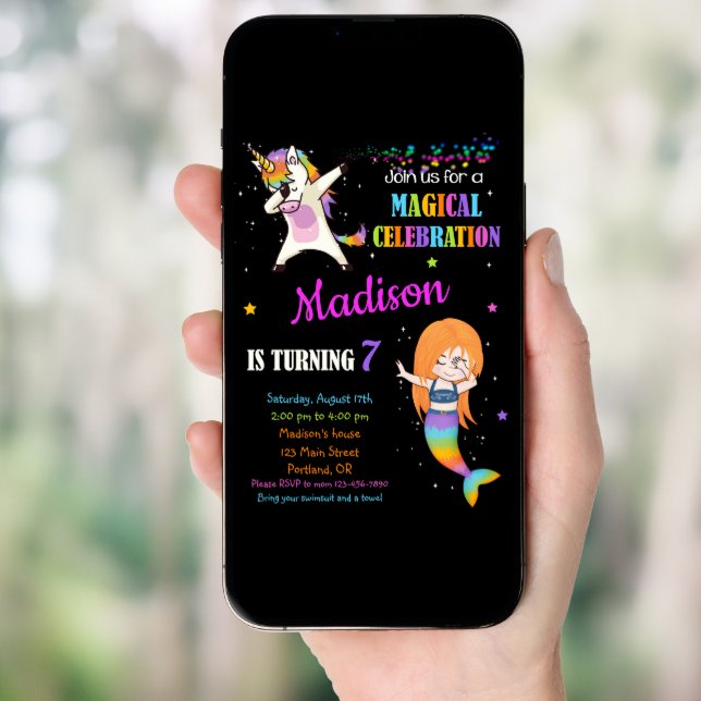 Mermaid and Unicorn birthday invitation Dabbing (Front Digital)