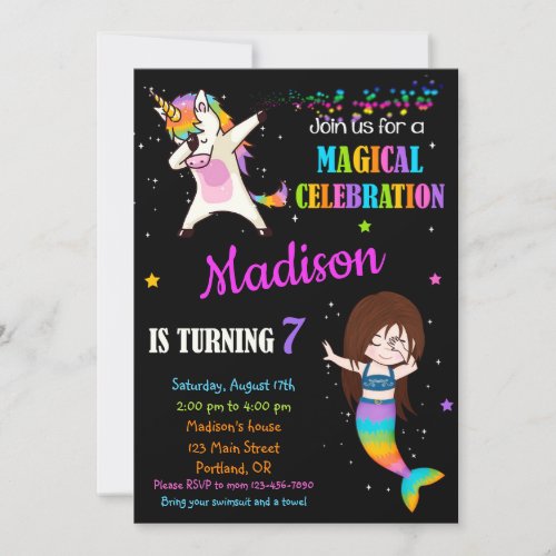 Mermaid and Unicorn birthday invitation Dabbing