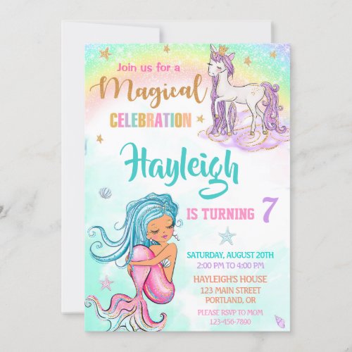 Mermaid and Unicorn birthday invitation Girl party