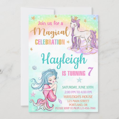 Mermaid and Unicorn birthday invitation Girl party
