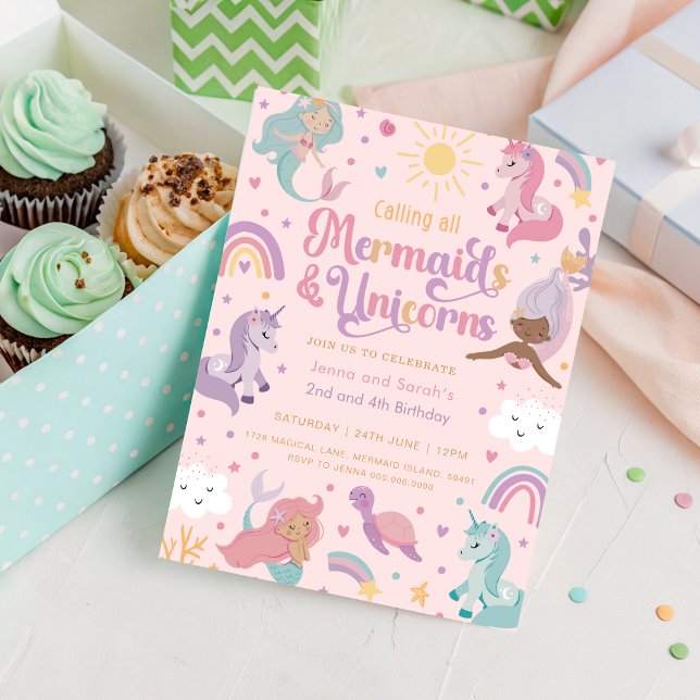 Mermaid and Unicorn Birthday Invitation - Instant  (PINK Mermaid and Unicorn Joint Birthday Invitation)