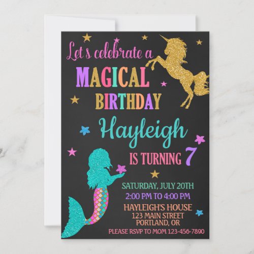 Mermaid and Unicorn birthday invitation Magical
