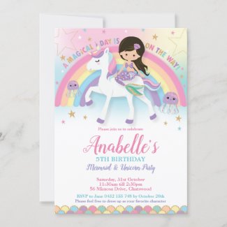 Mermaid and Unicorn Birthday Invitations Rainbow