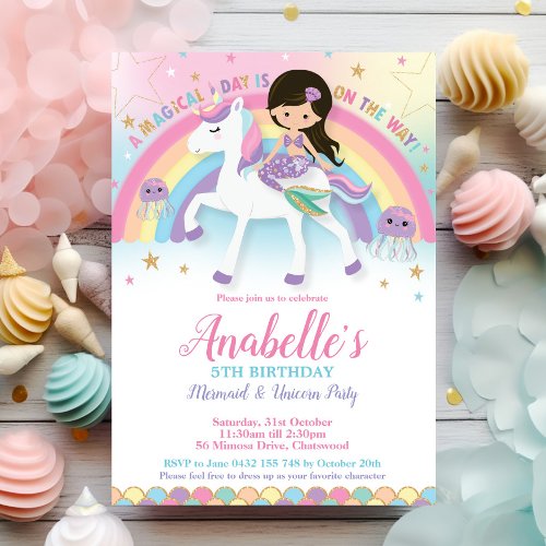 Mermaid and Unicorn Birthday Invitations Rainbow