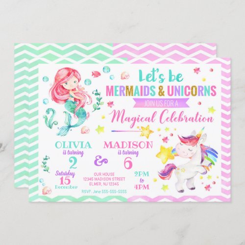 Mermaid and Unicorn Joint Birthday Invitation