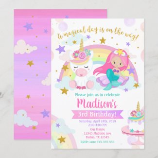 Mermaid and Unicorn Magical Birthday Invitation