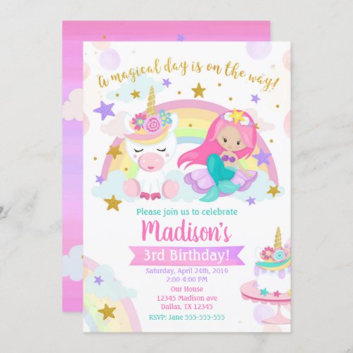 Mermaid and Unicorn Magical Birthday Invitation