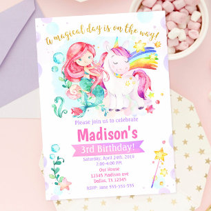Mermaid and Unicorn Magical Birthday Invitation