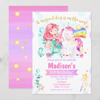 Mermaid and Unicorn Magical Birthday Invitation