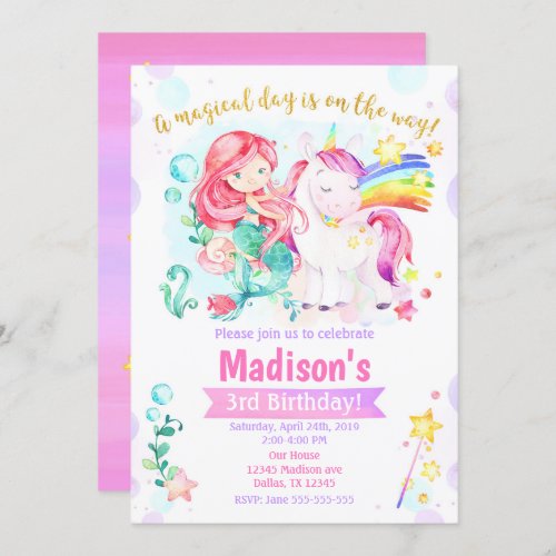Mermaid and Unicorn Magical Birthday Invitation