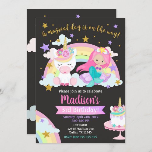 Mermaid and Unicorn Magical Birthday Invitation