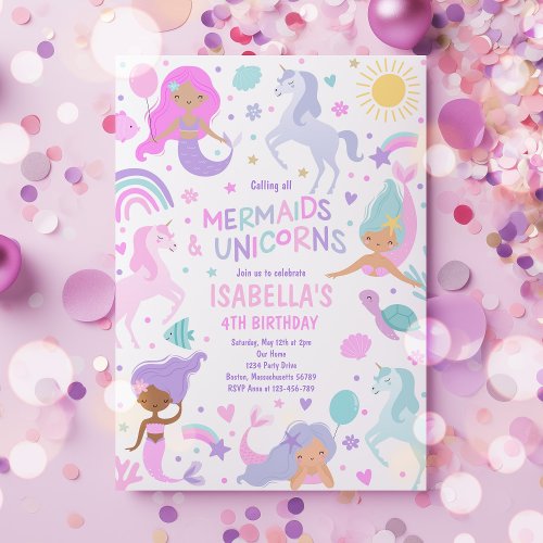Mermaid And Unicorn Magical Birthday Party  Invitation