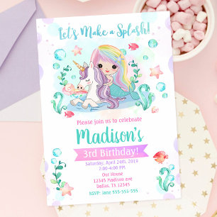 Mermaid and Unicorn Magical Pool Party Birthday Invitation