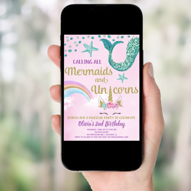 Mermaid and Unicorn pink gold teal birthday Invitation (Front Digital)