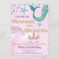 Mermaid and Unicorn pink gold teal birthday Invitation