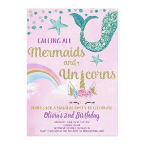 Mermaid and Unicorn pink gold teal birthday Invitation