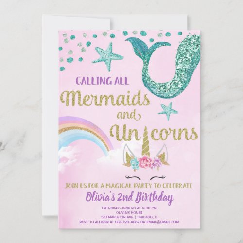 Mermaid and Unicorn pink gold teal birthday Invitation