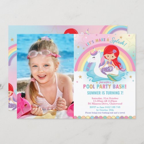 Mermaid and Unicorn Pool Birthday Party Photo Invitation