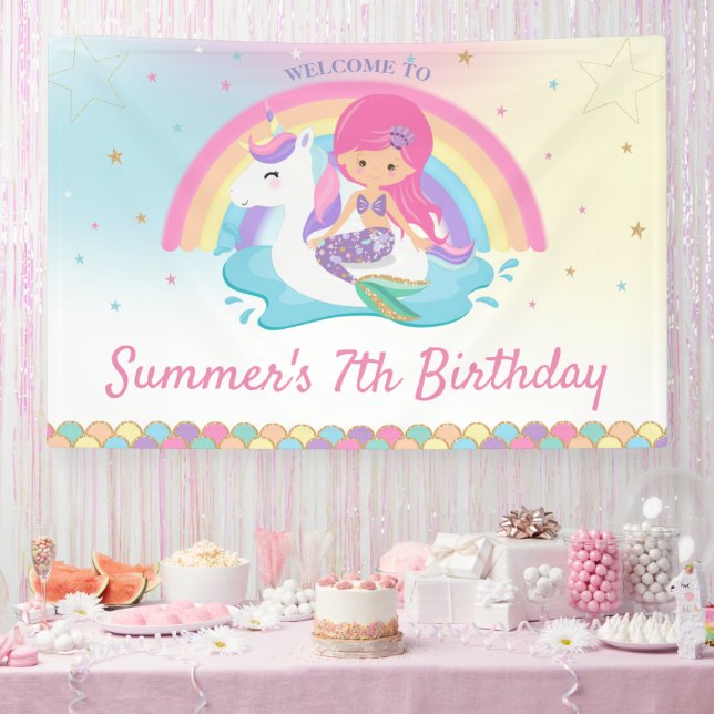 Mermaid and Unicorn Pool Birthday Party Welcome Banner (Party)