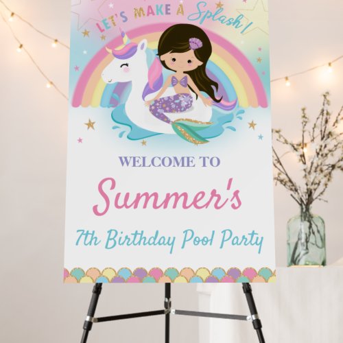 Mermaid and Unicorn Pool Birthday Party Welcome Foam Board