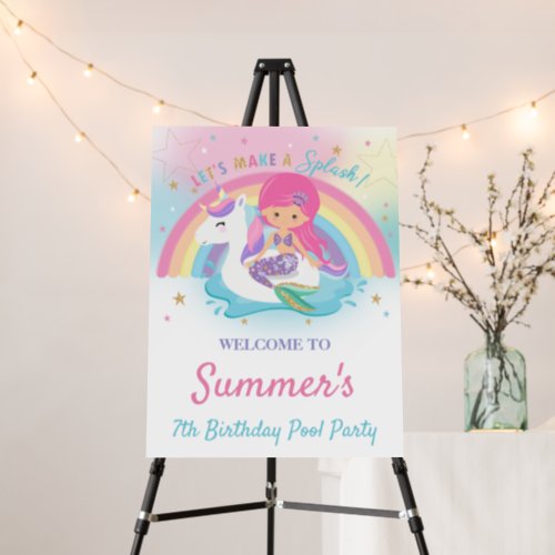 Mermaid and Unicorn Pool Birthday Party Welcome Foam Board