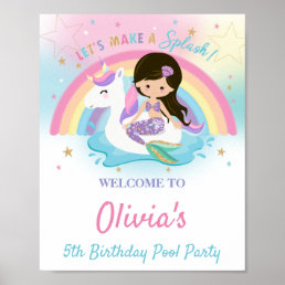 Mermaid and Unicorn Pool Birthday Party Welcome  P Poster