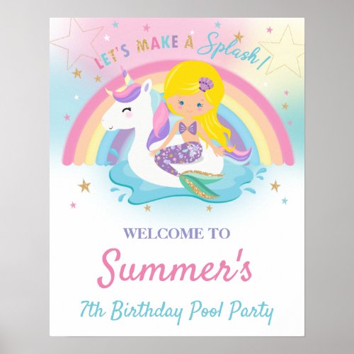 Mermaid and Unicorn Pool Birthday Party Welcome Po Poster
