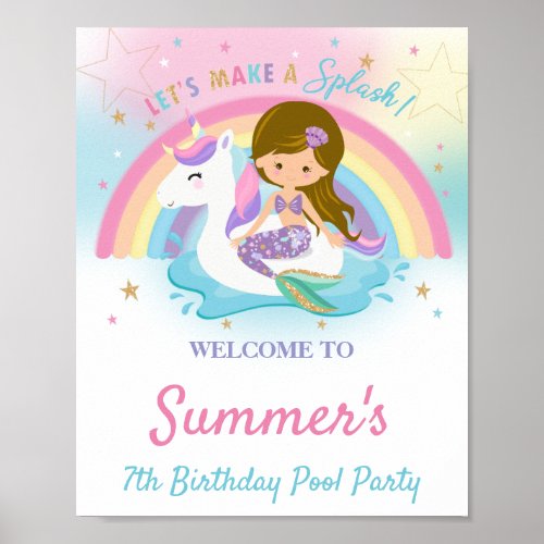 Mermaid and Unicorn Pool Birthday Party Welcome   Poster