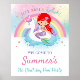 Mermaid and Unicorn Pool Birthday Party Welcome  Poster