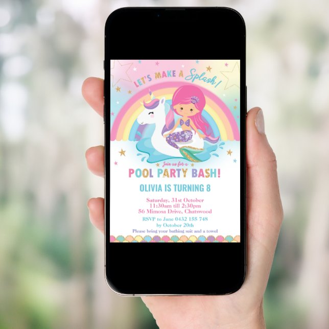 Mermaid and Unicorn Pool Party Birthday Pink Hair Invitation (Front Digital)