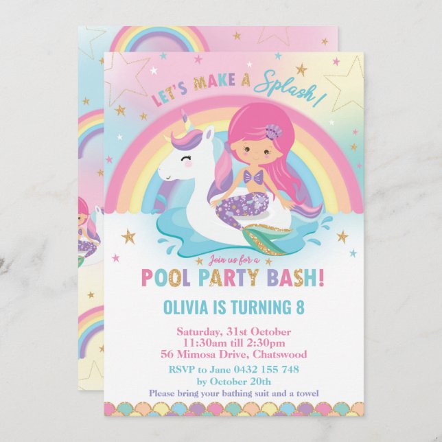 Mermaid and Unicorn Pool Party Birthday Pink Hair Invitation (Front/Back)