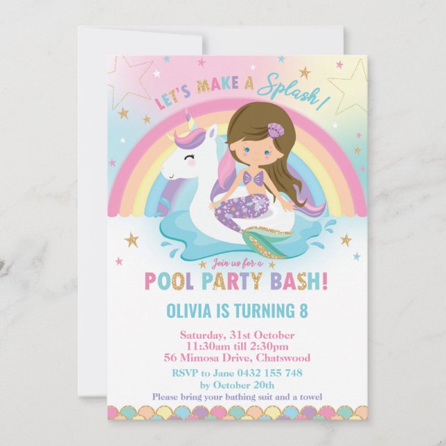 Mermaid and Unicorn Pool Party Brunette Blue Eyes Invitation (Front)