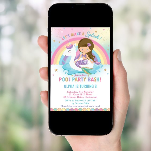 Mermaid and Unicorn Pool Party Brunette Blue Eyes Invitation (Front Digital)