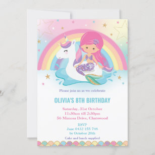 Mermaid and Unicorn Rainbow Pool Party Birthday Invitation