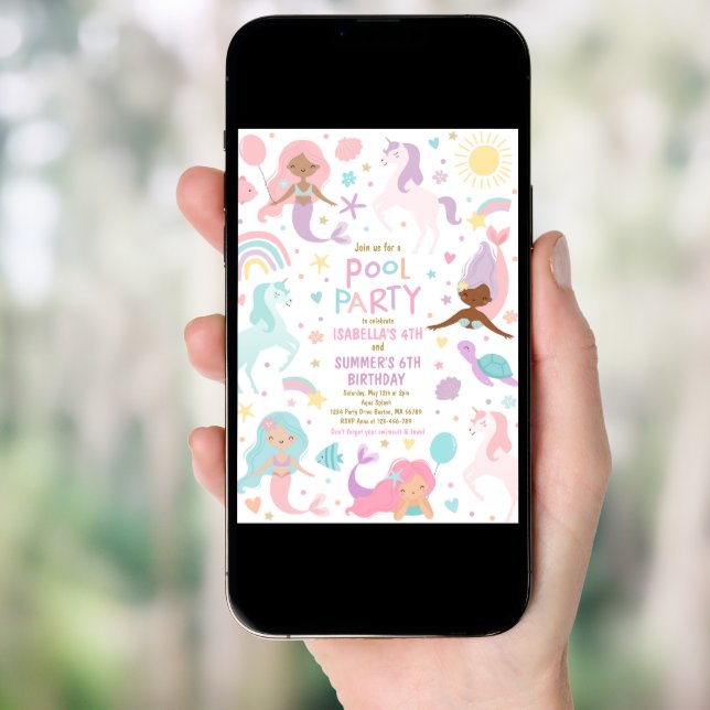 Mermaid And Unicorn Sibling Pool Birthday Party  Invitation (Front Digital)