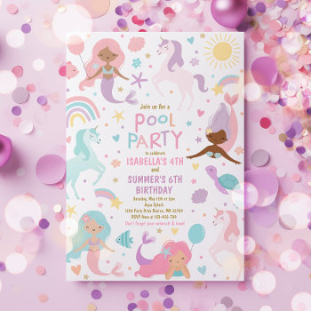 Mermaid And Unicorn Sibling Pool Birthday Party  Invitation by PixelPerfectionParty at Zazzle