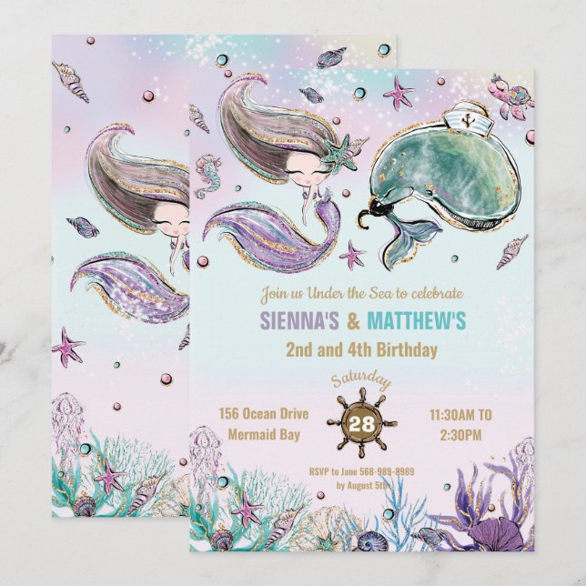 Mermaid and Whale Pirate Twins Joint Birthday Pool Invitation (Front/Back)