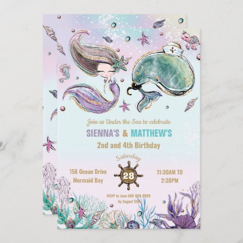 Mermaid and Whale Pirate Twins Joint Birthday Pool Invitation