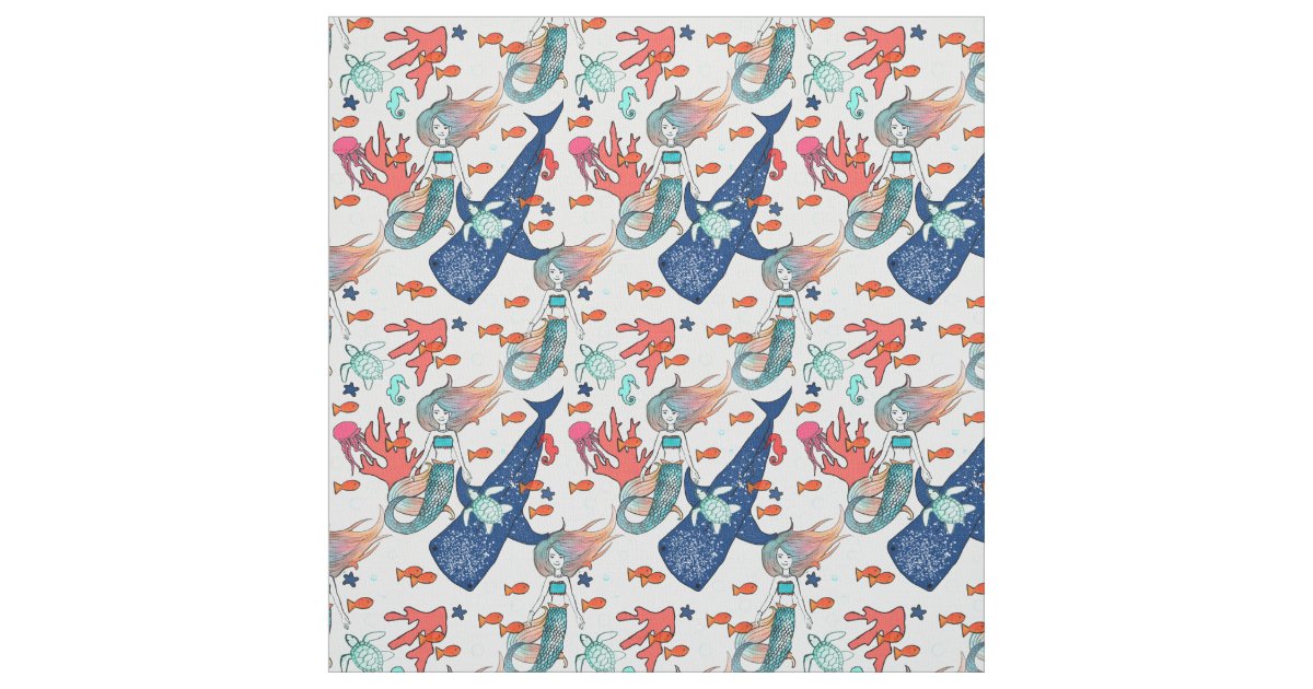 Mermaid and Whale-shark Fabric | Zazzle