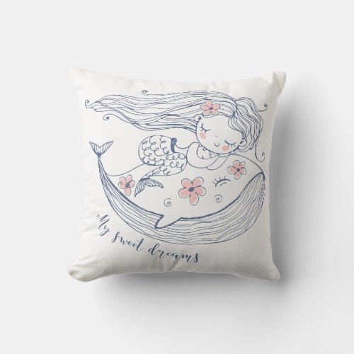 Mermaid And Whale Sweet Dreams Nursery  Throw Pillow