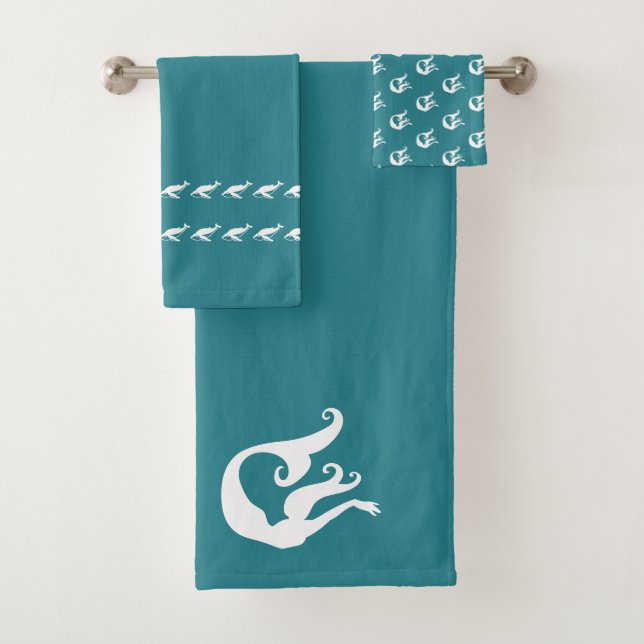 mermaid and Whales teal blue and white Bath Towel Set (Insitu)