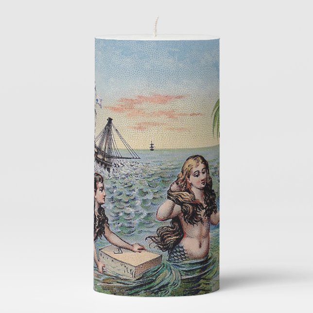 Mermaid Antique Magic Nautical Ocean Pillar Candle (Front)
