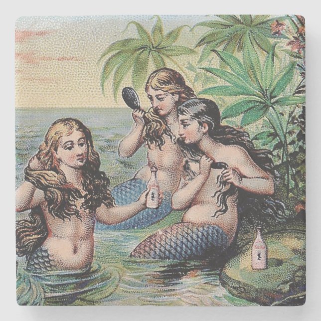 Mermaid Antique Magic Nautical Ocean Stone Coaster (Front)