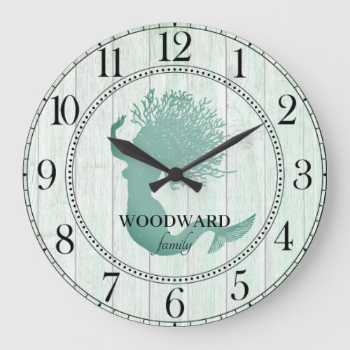 Mermaid Aqua Blue Beach Wood Lake House Large Clock